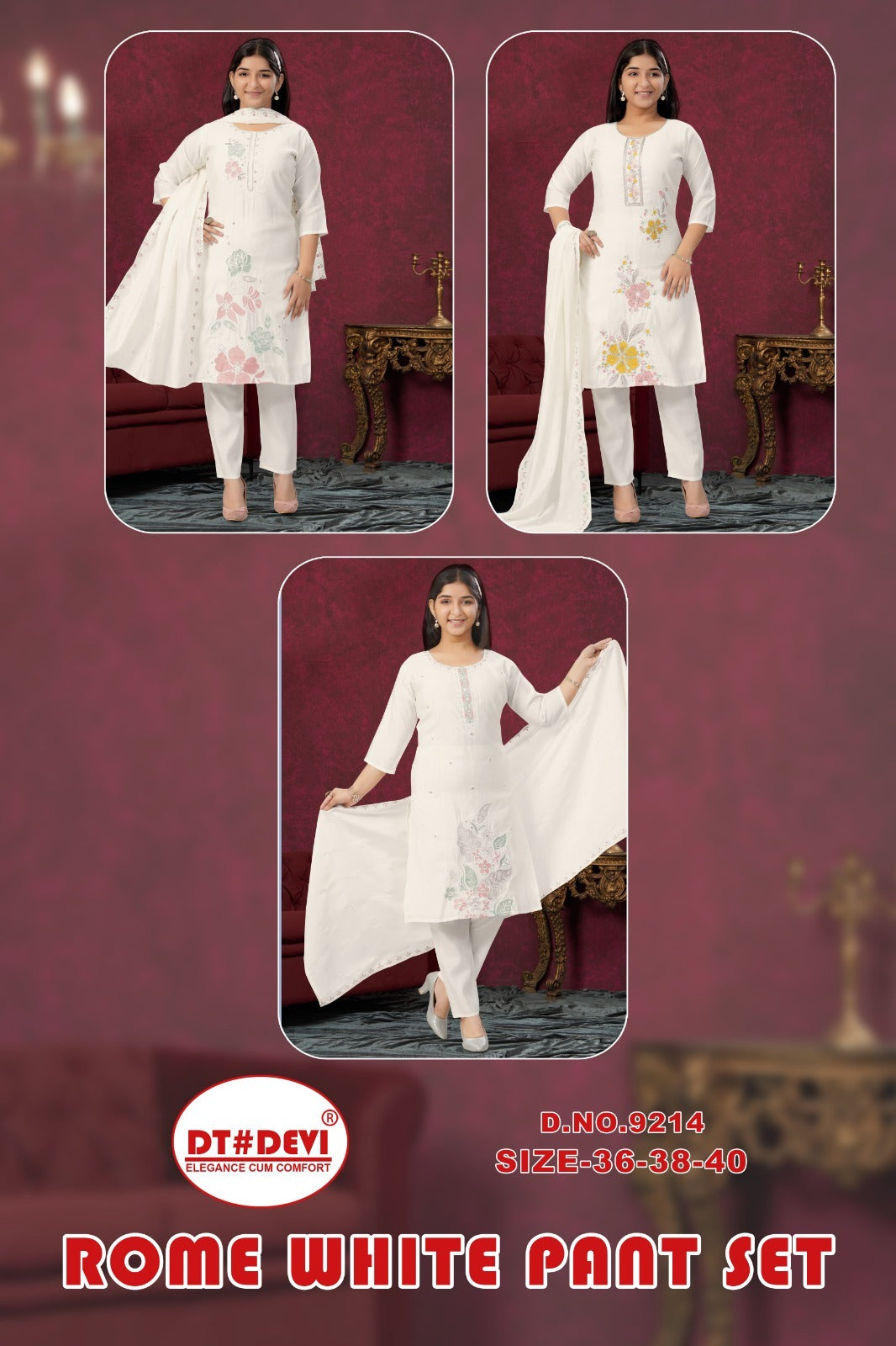 New Rome White Dn 9214 Dt Devi Roman Silk Girls Readymade Pant Suits Manufacturer Gujarat