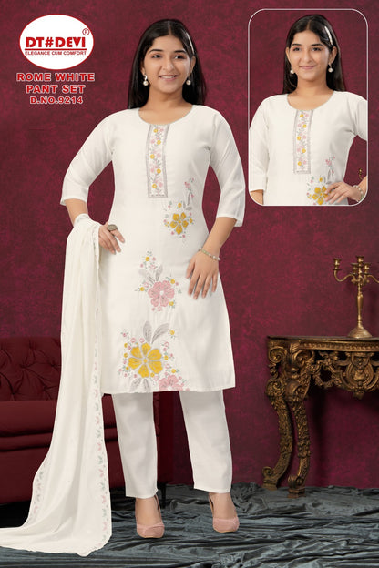 New Rome White Dn 9214 Dt Devi Roman Silk Girls Readymade Pant Suits Manufacturer Gujarat