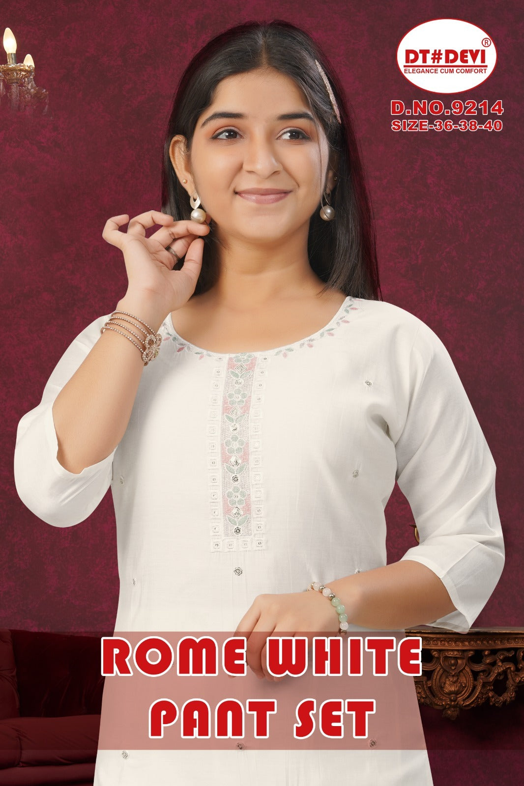 New Rome White Dn 9214 Dt Devi Roman Silk Girls Readymade Pant Suits Manufacturer Gujarat