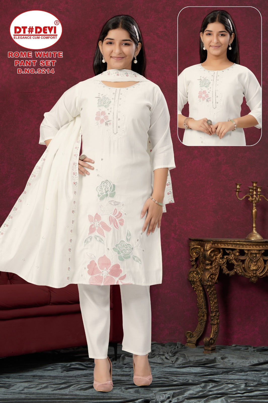 New Rome White Dn 9214 Dt Devi Roman Silk Girls Readymade Pant Suits Manufacturer Gujarat