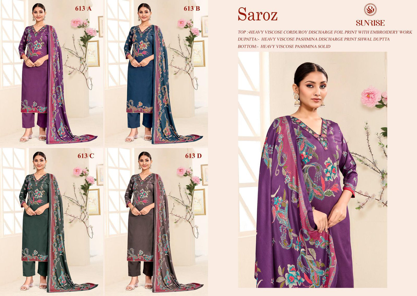 New Saroz Sunrise Heavy Viscose Pashmina Suits Supplier Gujarat