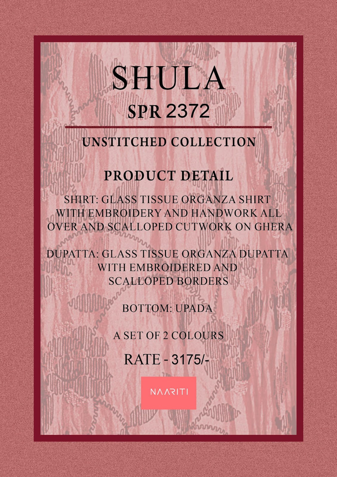 New Shula Naariti Organza Pant Style Suits Wholesaler Ahmedabad