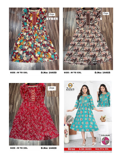 New Stree Zoya Rayon Anarkali Kurtis Wholesaler India
