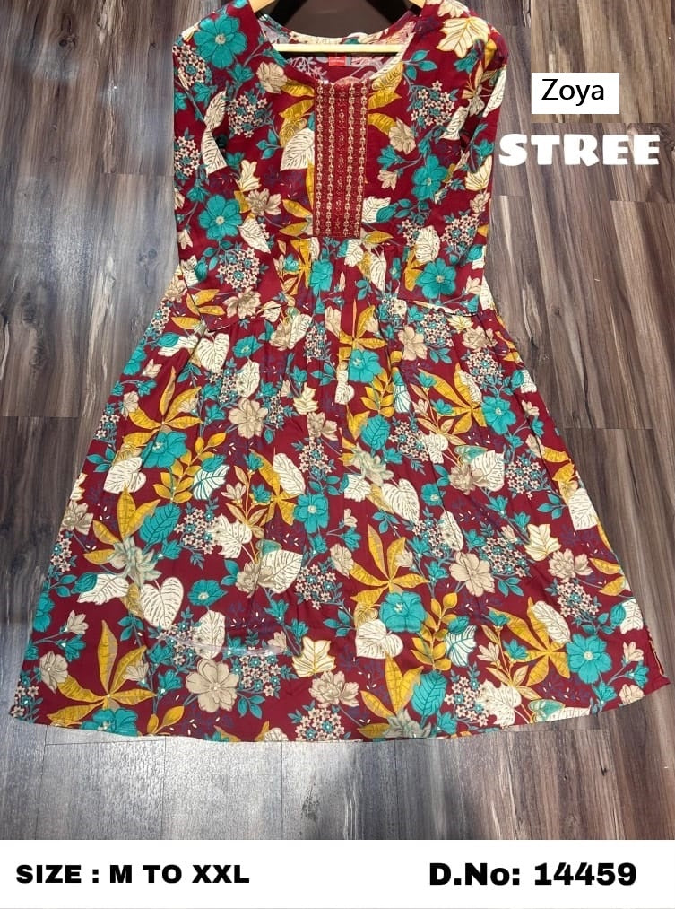 New Stree Zoya Rayon Anarkali Kurtis Wholesaler India