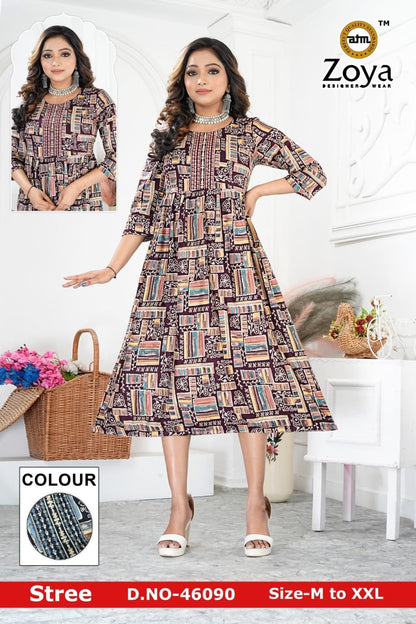 New Stree Zoya Rayon Anarkali Kurtis Wholesaler India