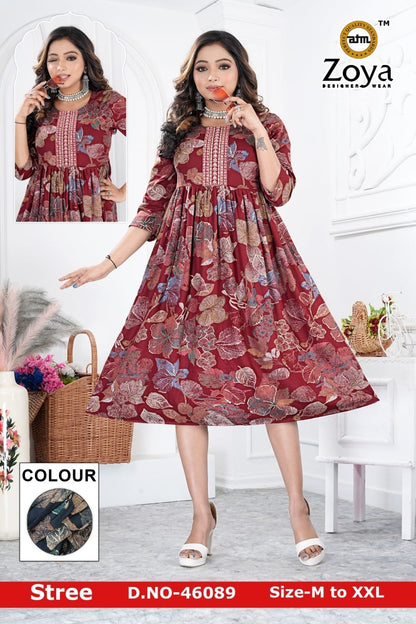 New Stree Zoya Rayon Anarkali Kurtis Wholesaler India