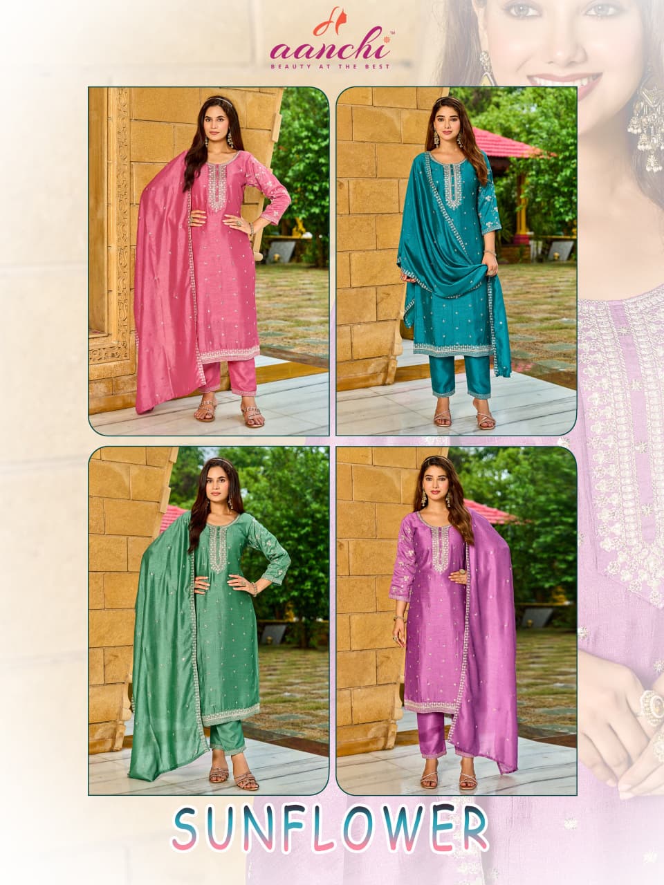 New Sunflower Aanchi Vichitra Silk Readymade Pant Style Suits Exporter Ahmedabad