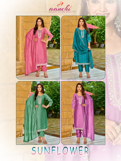New Sunflower Aanchi Vichitra Silk Readymade Pant Style Suits Exporter Ahmedabad