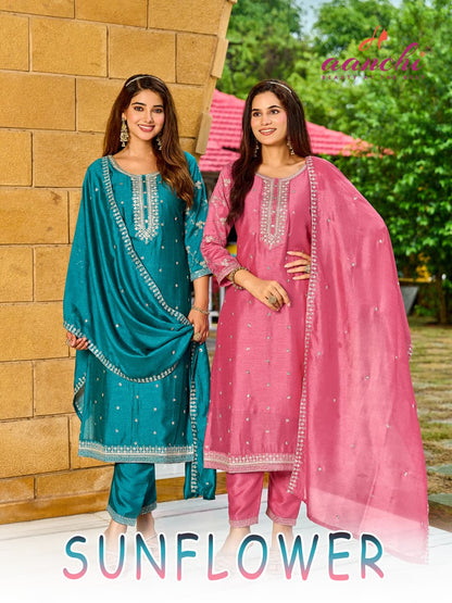 New Sunflower Aanchi Vichitra Silk Readymade Pant Style Suits Exporter Ahmedabad