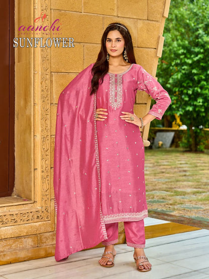 New Sunflower Aanchi Vichitra Silk Readymade Pant Style Suits Exporter Ahmedabad