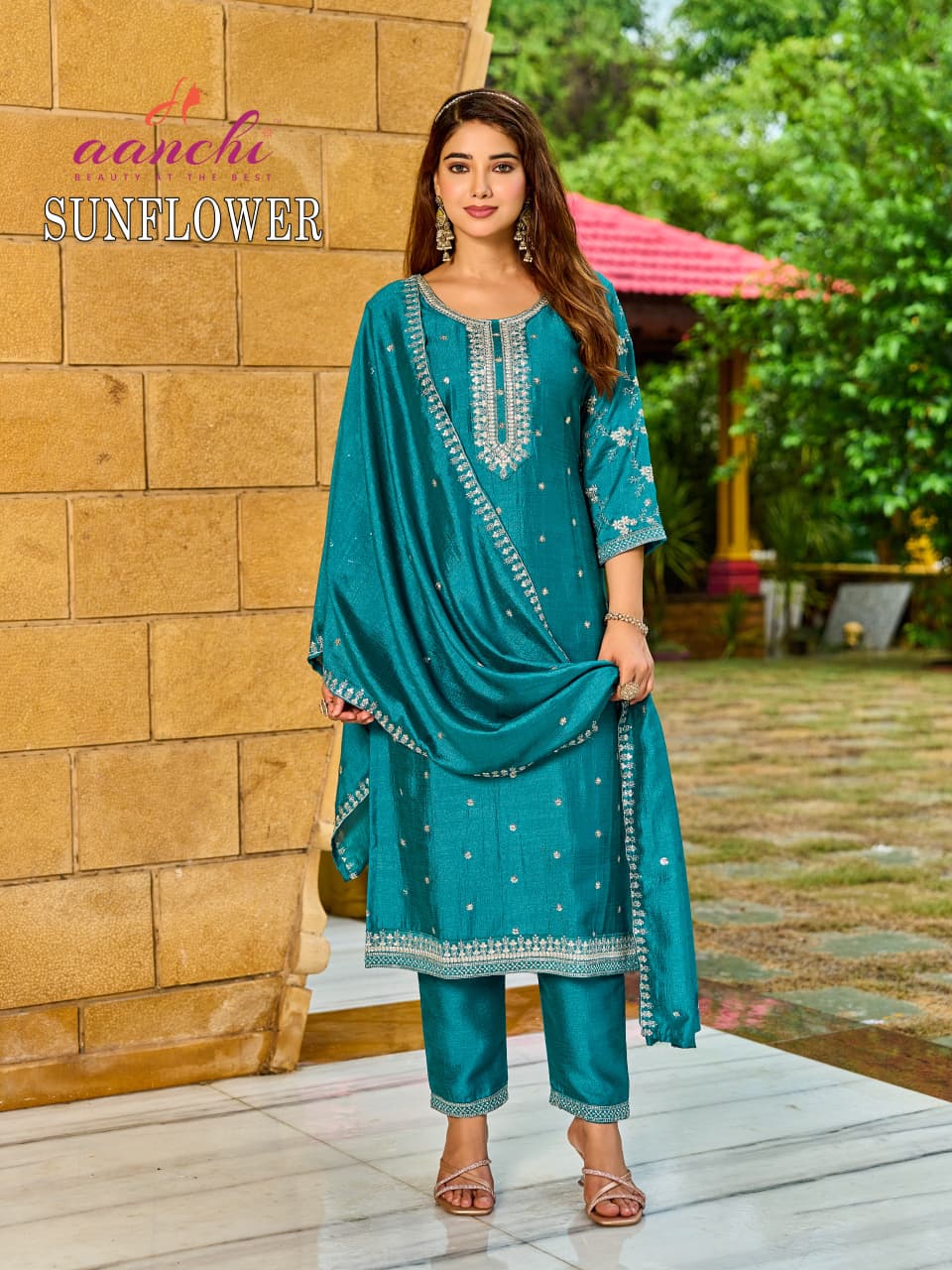 New Sunflower Aanchi Vichitra Silk Readymade Pant Style Suits Exporter Ahmedabad
