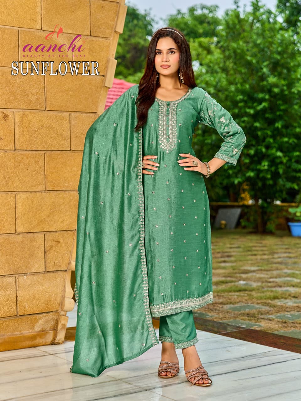 New Sunflower Aanchi Vichitra Silk Readymade Pant Style Suits Exporter Ahmedabad