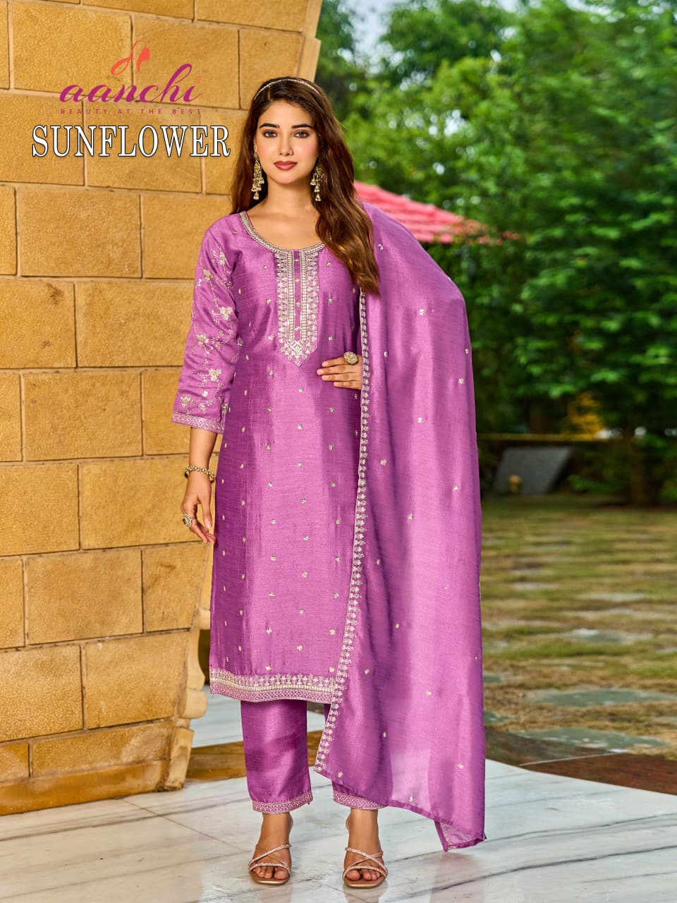 New Sunflower Aanchi Vichitra Silk Readymade Pant Style Suits Exporter Ahmedabad