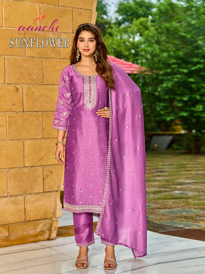 New Sunflower Aanchi Vichitra Silk Readymade Pant Style Suits Exporter Ahmedabad