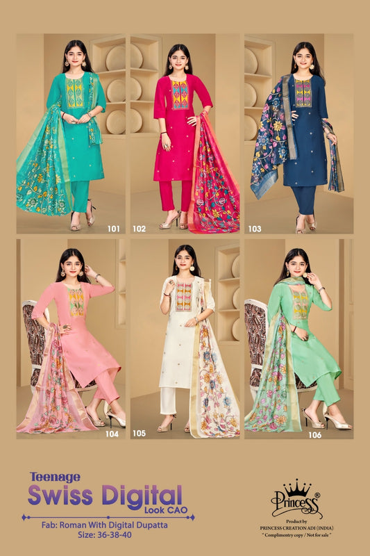 New Teenage Swiss Look Princess Creation Roman Silk Girls Readymade Pant Suits Exporter Ahmedabad