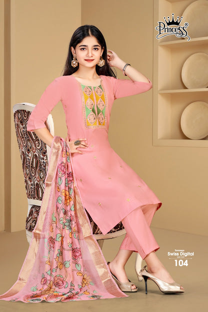 New Teenage Swiss Look Princess Creation Roman Silk Girls Readymade Pant Suits Exporter Ahmedabad