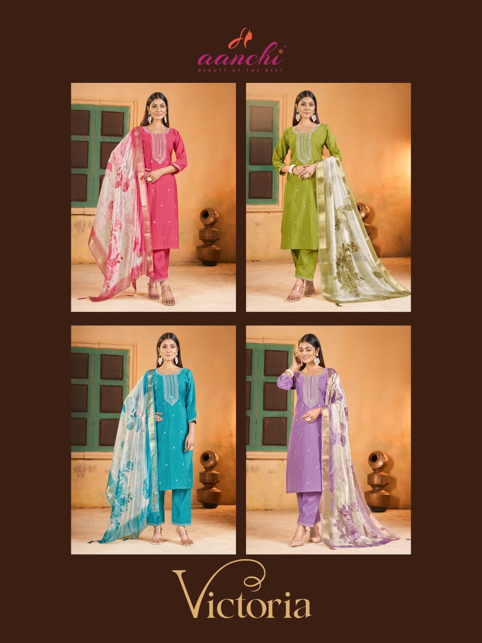 New Victoria Aanchi Roman Silk Readymade Pant Style Suits Manufacturer