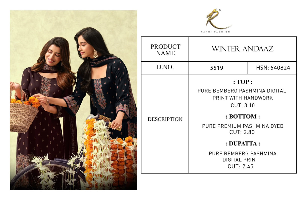 New Winter Andaaz 5519 Rakhi Fashion Bemberg Pashmina Suits Supplier Ahmedabad