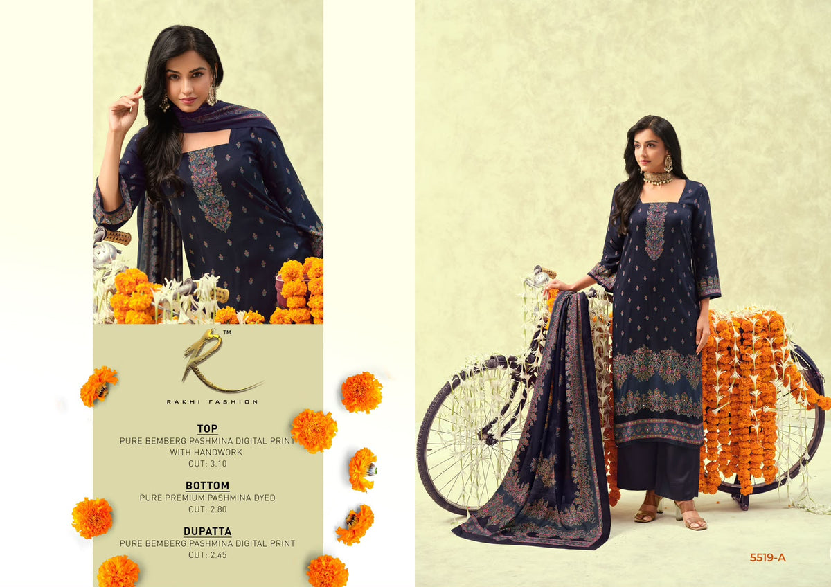 New Winter Andaaz 5519 Rakhi Fashion Bemberg Pashmina Suits Supplier Ahmedabad