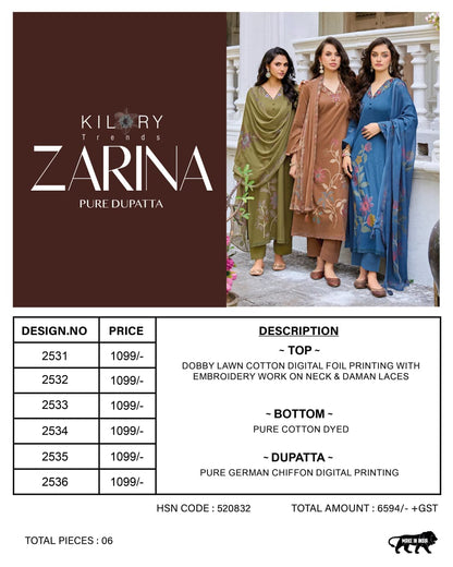 New Zarina Kilory Lawn Cotton Pant Style Suits Wholesaler Ahmedabad