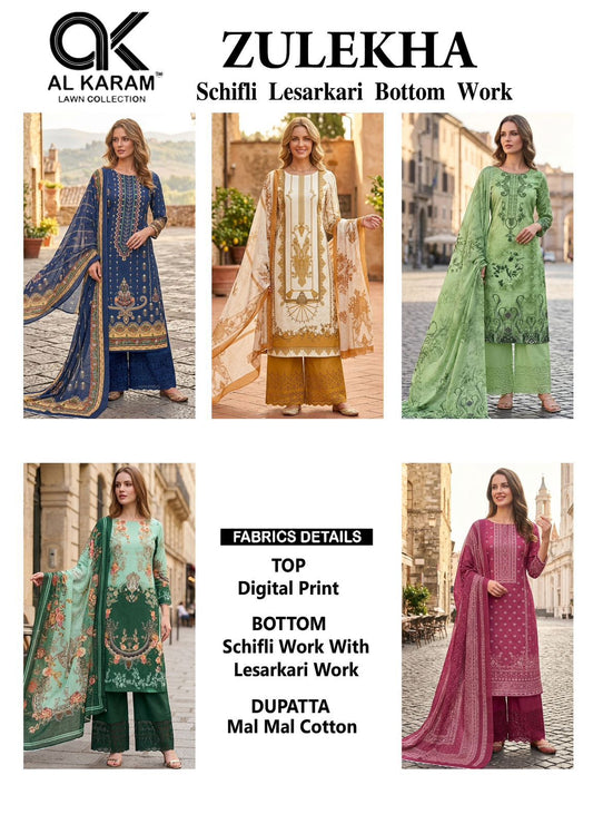 New Zulekha Al Karam Lawn Cotton Karachi Salwar Suits Supplier