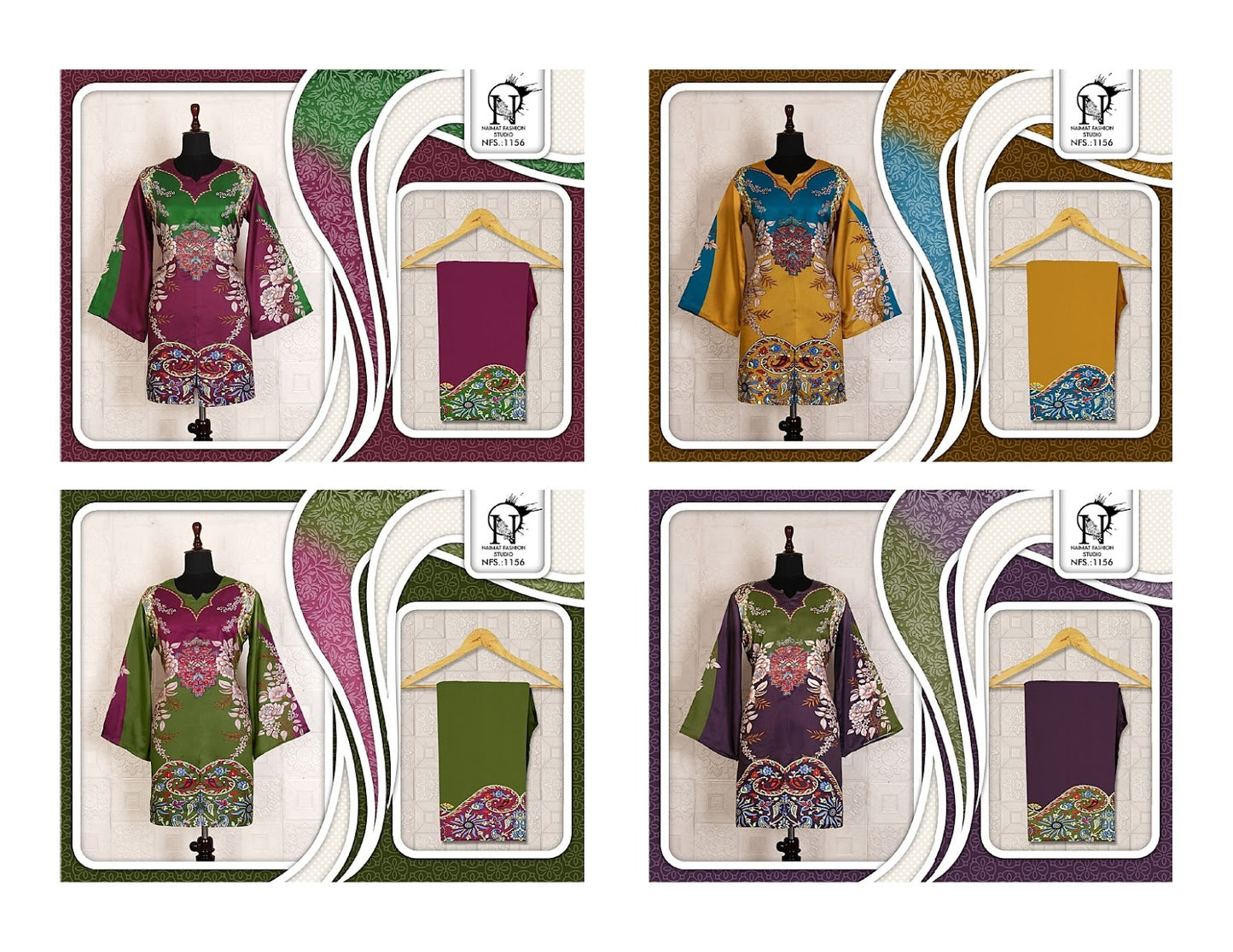 Nfs 1156 Karachi Naimat Fashion Studio Satin Kurti Pant Set Wholesale