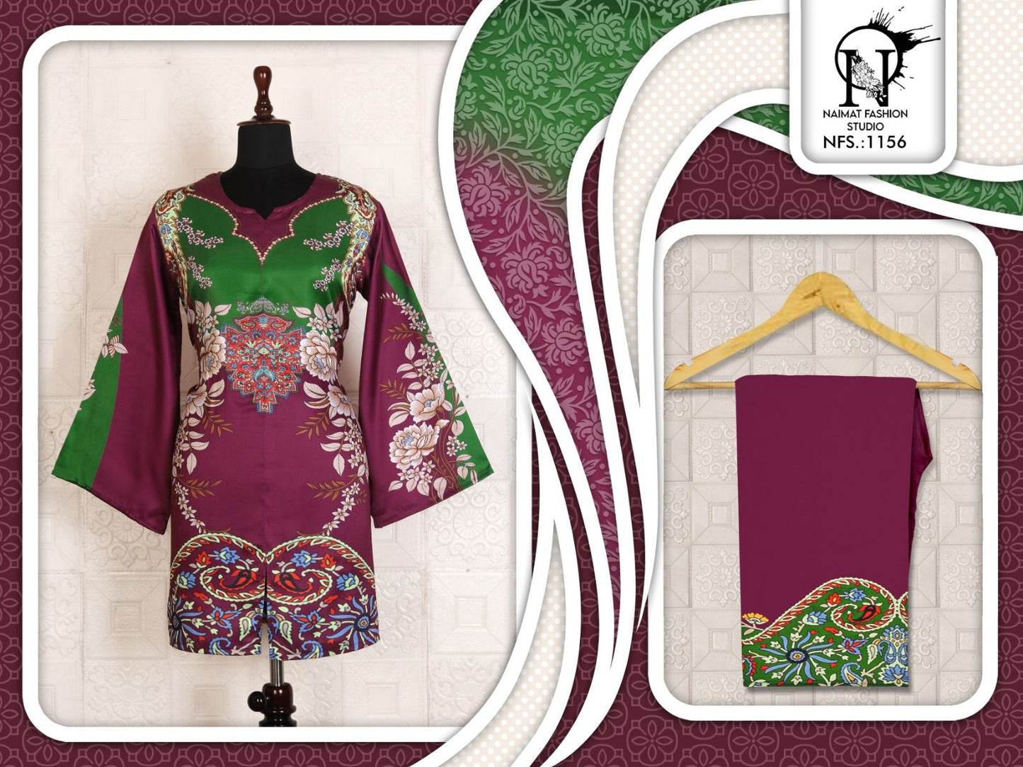 Nfs 1156 Karachi Naimat Fashion Studio Satin Kurti Pant Set Wholesale