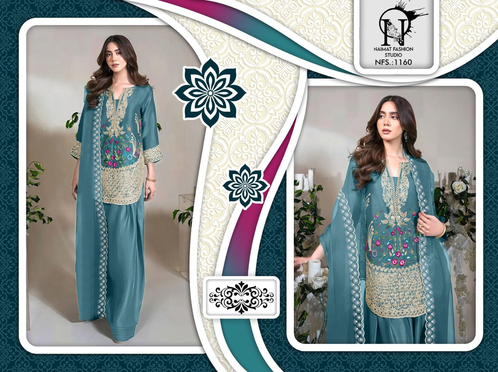 Nfs 1160 New Colours Naimat Fashion Studio Satin Pakistani Readymade Suits Wholesaler