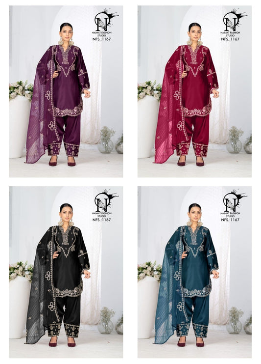 Nfs 1167 New Colour Naimat Fashion Studio Satin Pakistani Readymade Suits Exporter Ahmedabad