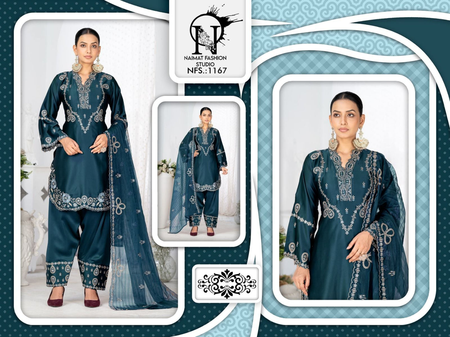 Nfs 1167 New Colour Naimat Fashion Studio Satin Pakistani Readymade Suits Exporter Ahmedabad