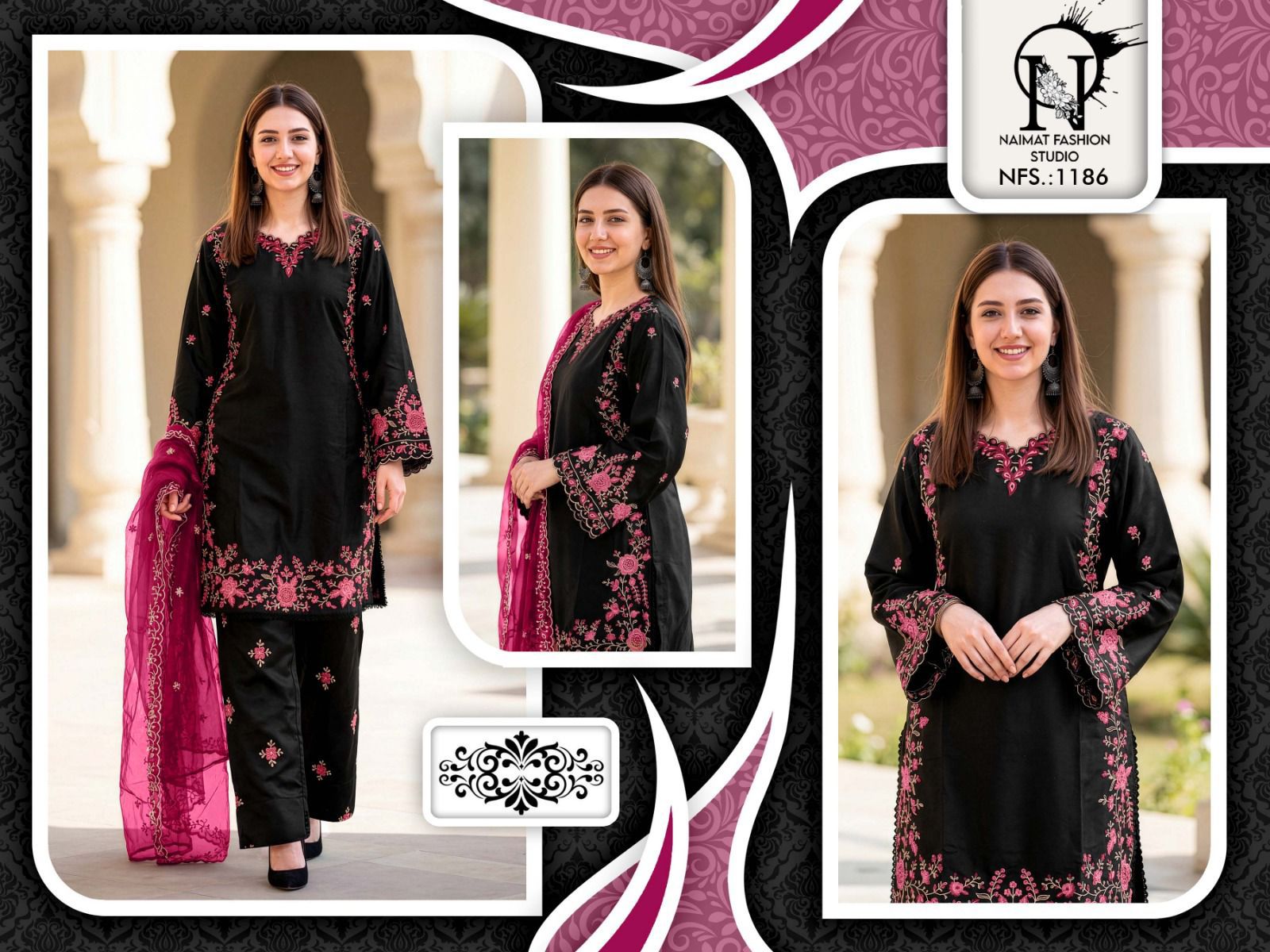 Nfs 1186 Naimat Fashion Studio Satin Pakistani Readymade Suits Exporter Ahmedabad
