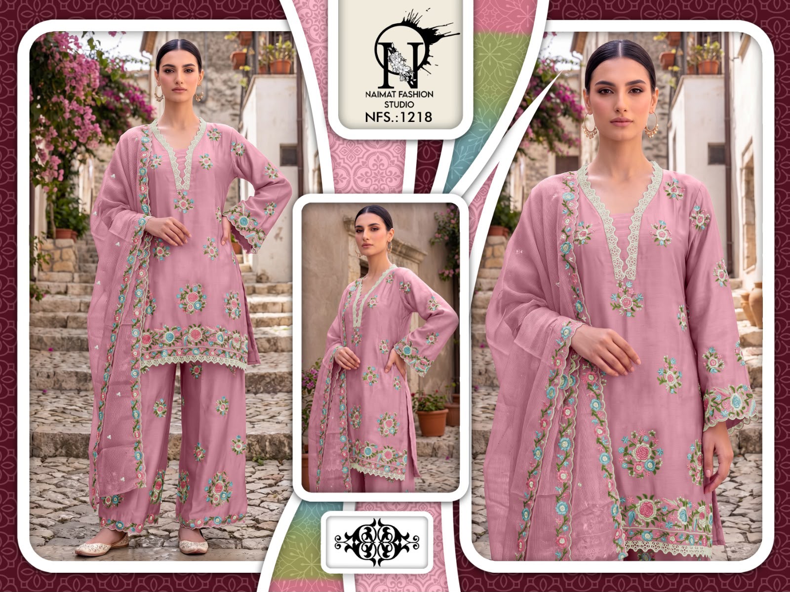 Nfs 1218 Naimat Fashion Studio Chiffon Pakistani Readymade Suits Wholesaler India