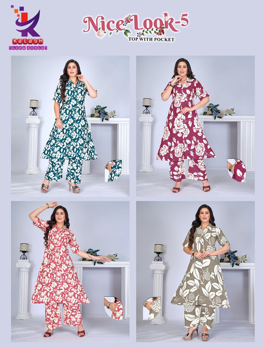 Nice Look 5 Mlm Kalash Lifestyle Rayon 22Kg Kurti Plazzo Set Manufacturer Ahmedabad