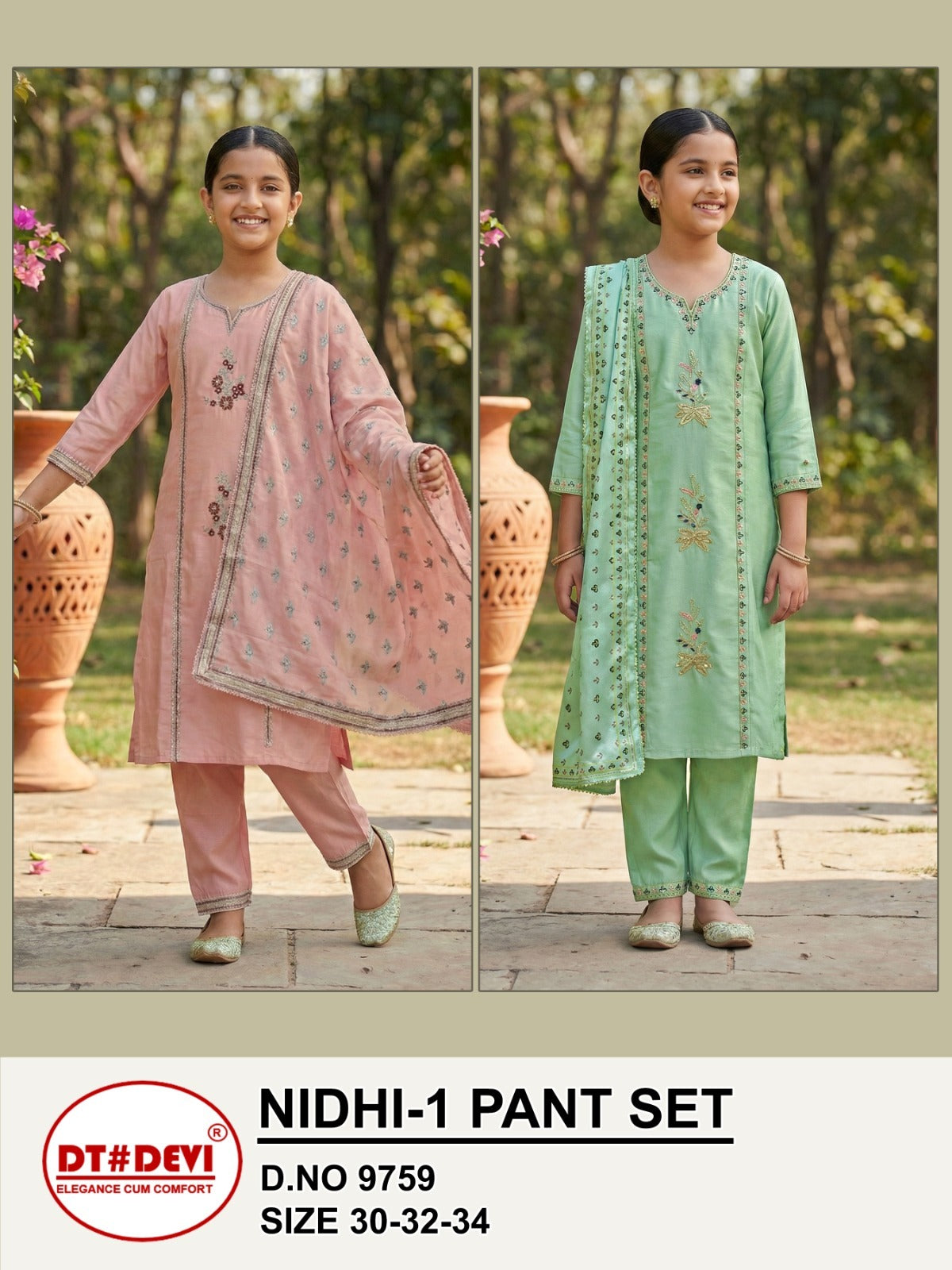 Nidhi 1 Dn 9759 Dt Devi Vetican Silk Girls Readymade Pant Suits Supplier Gujarat