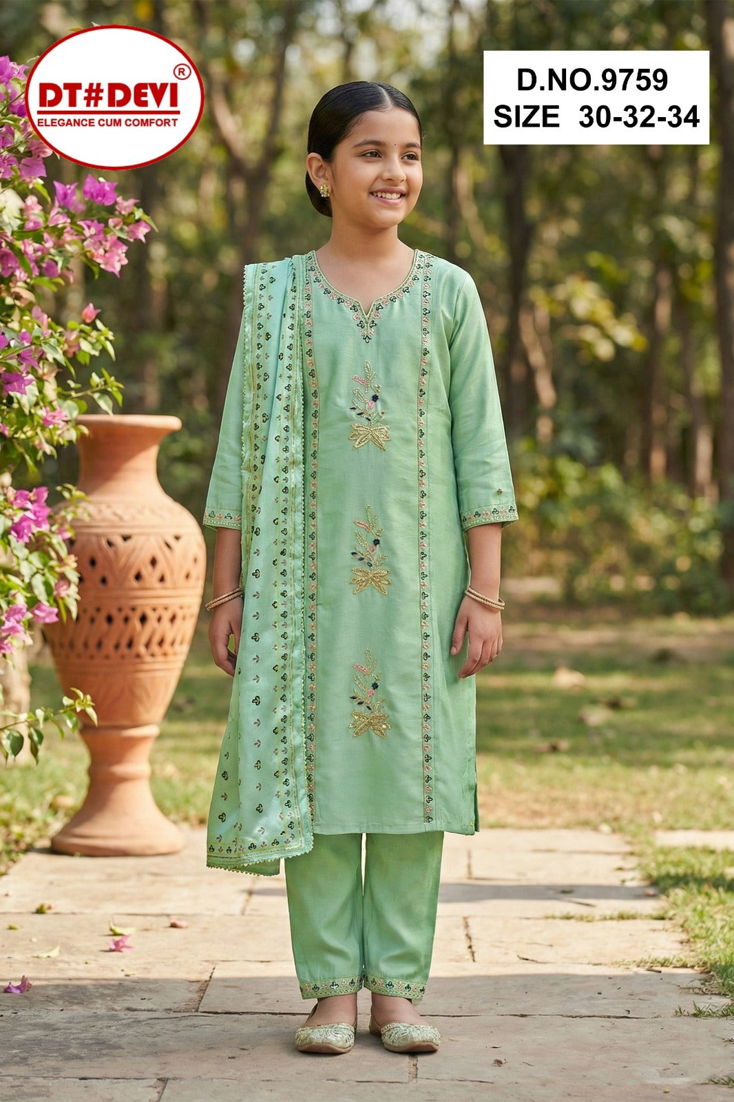 Nidhi 1 Dn 9759 Dt Devi Vetican Silk Girls Readymade Pant Suits Supplier Gujarat