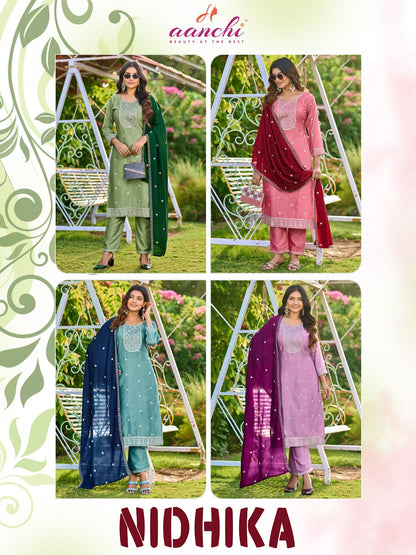Nidhika Aanchi Crystal Silk Readymade Pant Style Suits Wholesaler India
