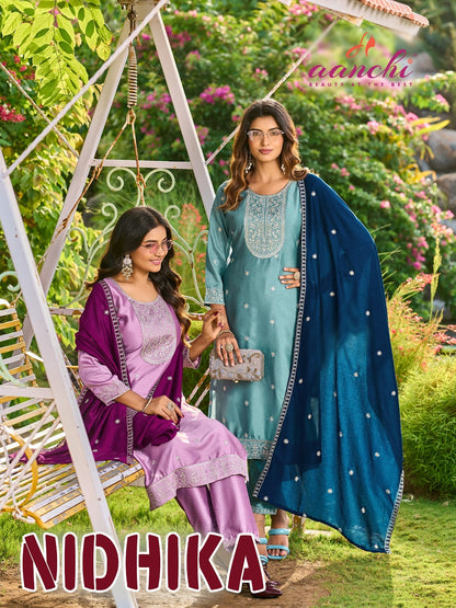 Nidhika Aanchi Crystal Silk Readymade Pant Style Suits Wholesaler India