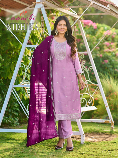 Nidhika Aanchi Crystal Silk Readymade Pant Style Suits Wholesaler India