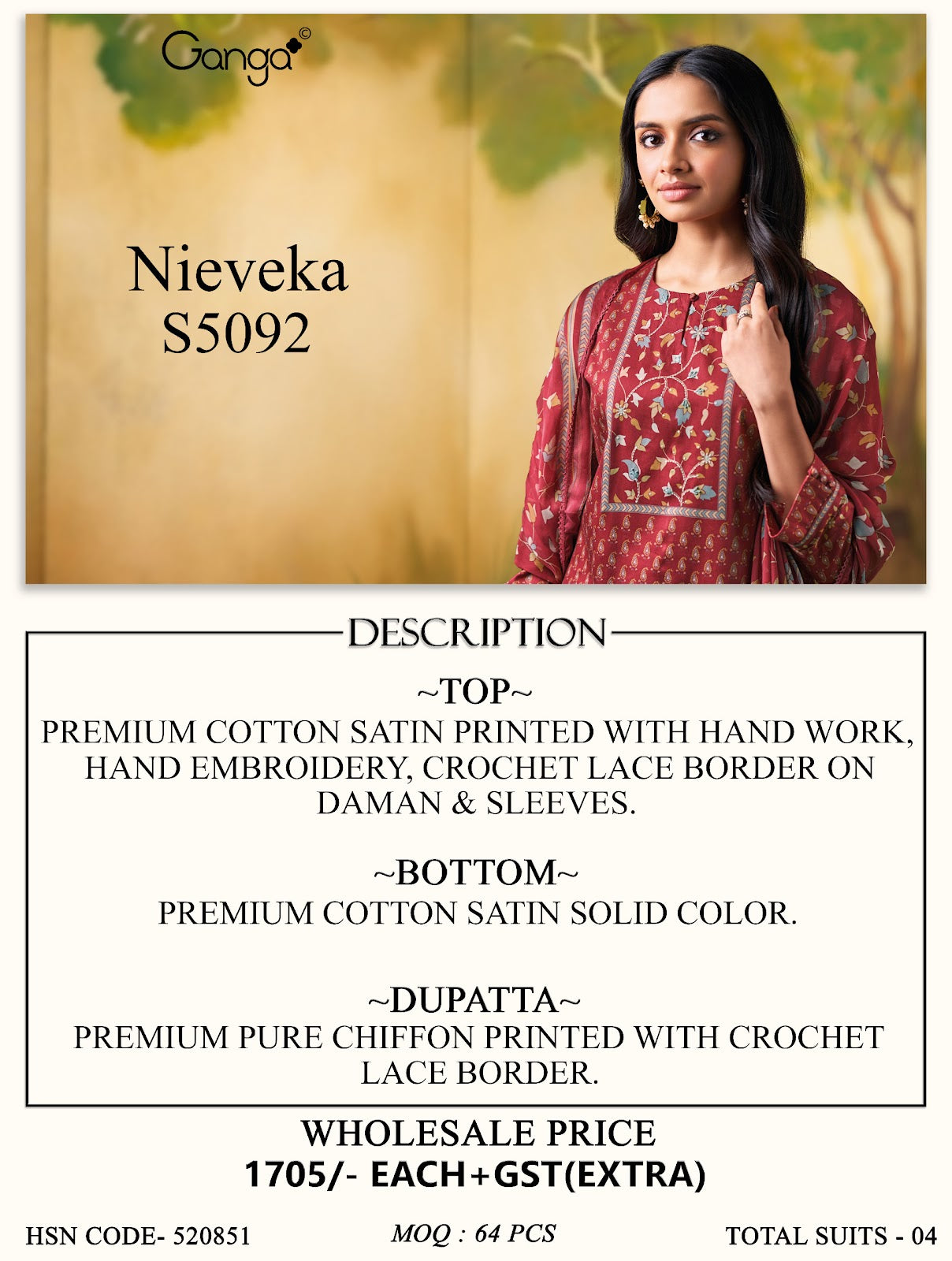 Nieveka S5092 Ganga Cotton Satin Pant Style Suits Exporter