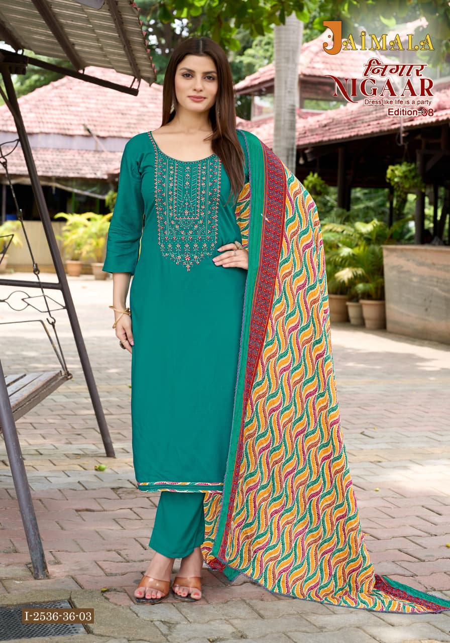 Nigaar Edition 38 Jaimala Pure Reyon Pant Style Suits Exporter Gujarat
