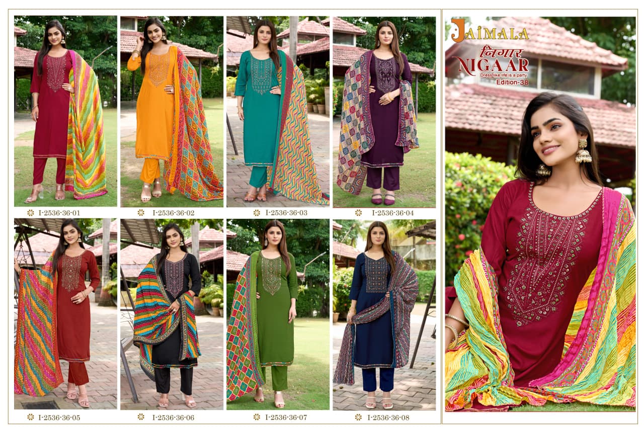 Nigaar Edition 38 Jaimala Pure Reyon Pant Style Suits Exporter Gujarat