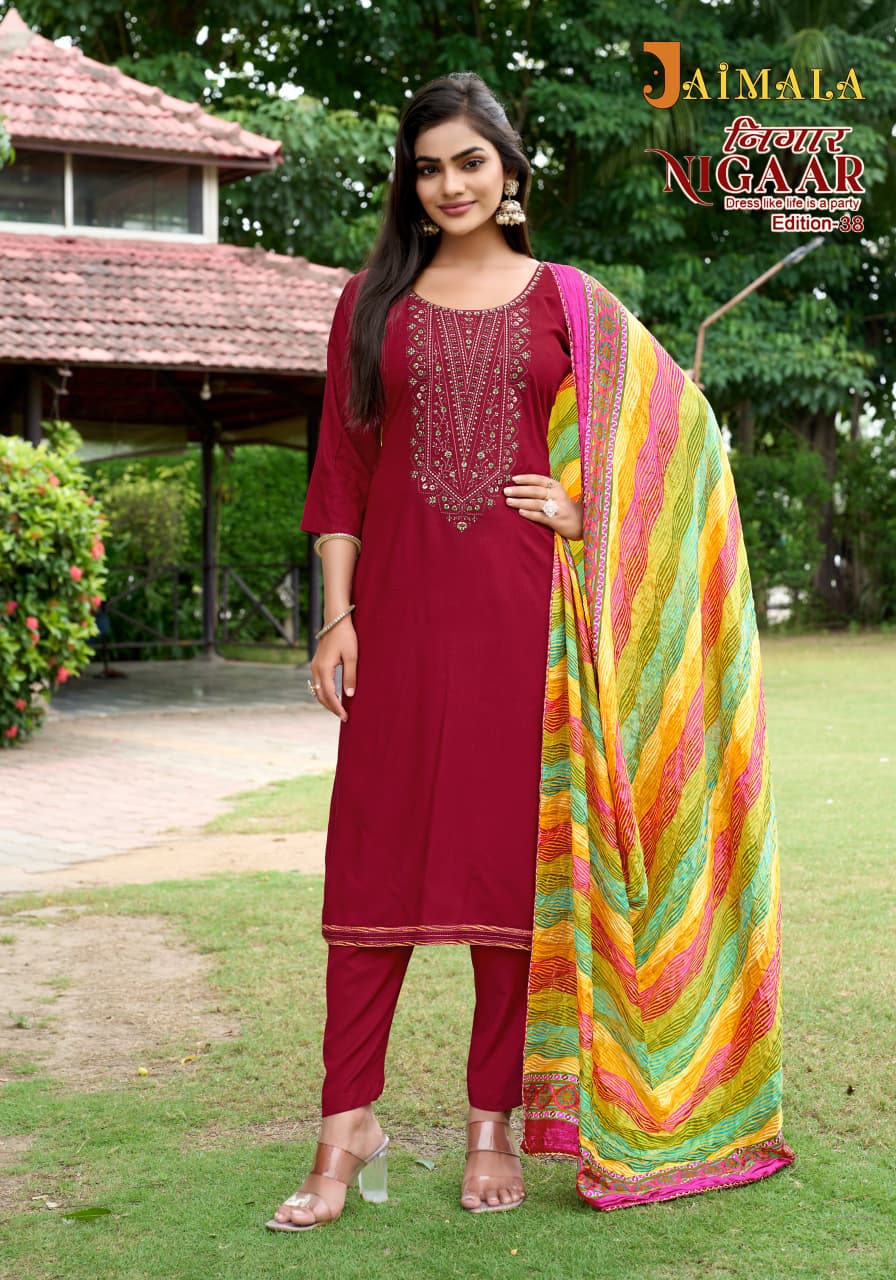 Nigaar Edition 38 Jaimala Pure Reyon Pant Style Suits Exporter Gujarat