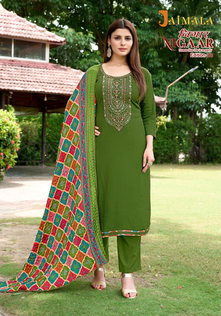 Nigaar Edition 38 Jaimala Pure Reyon Pant Style Suits Exporter Gujarat