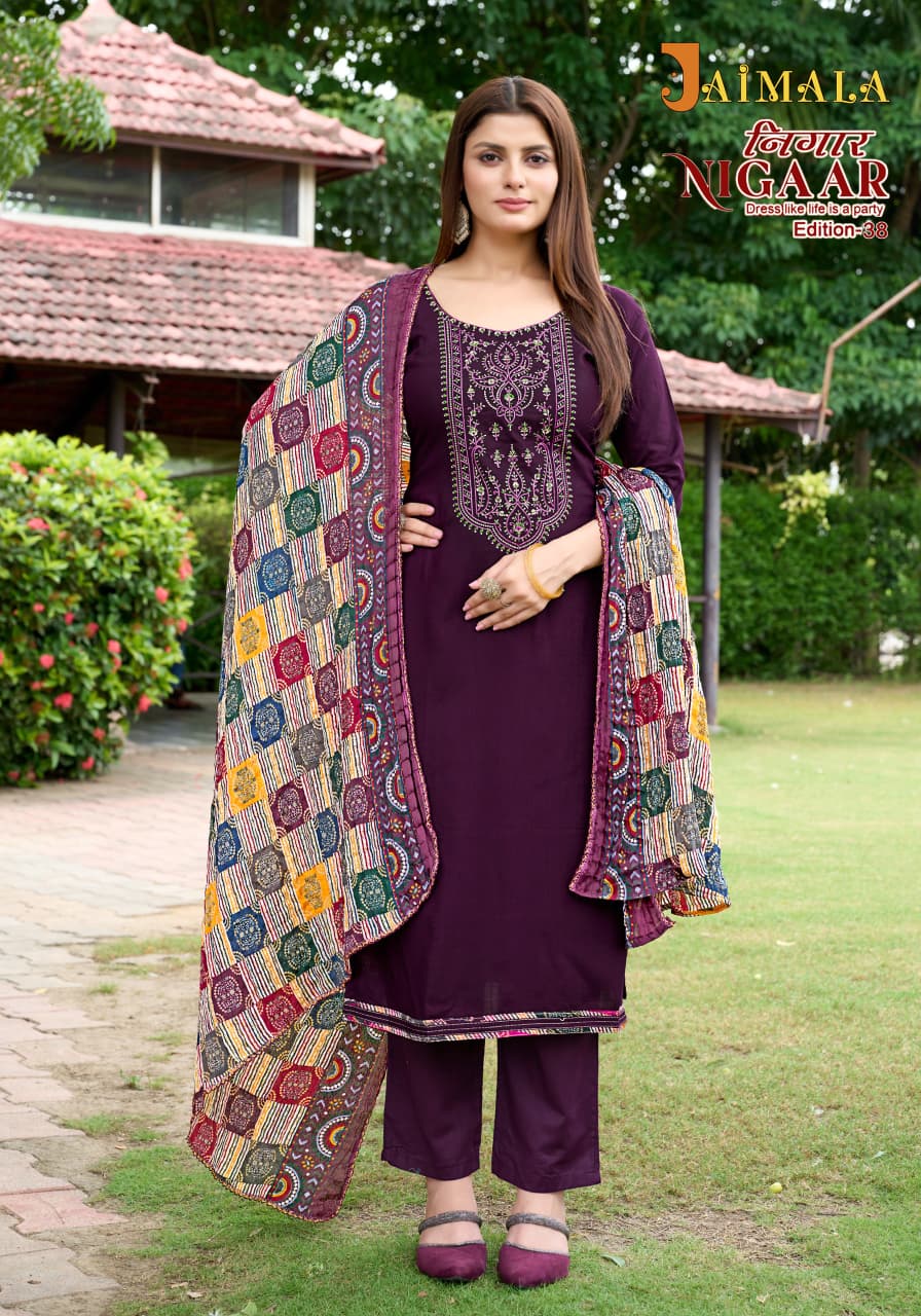Nigaar Edition 38 Jaimala Pure Reyon Pant Style Suits Exporter Gujarat