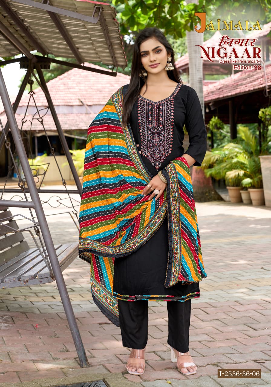 Nigaar Edition 38 Jaimala Pure Reyon Pant Style Suits Exporter Gujarat