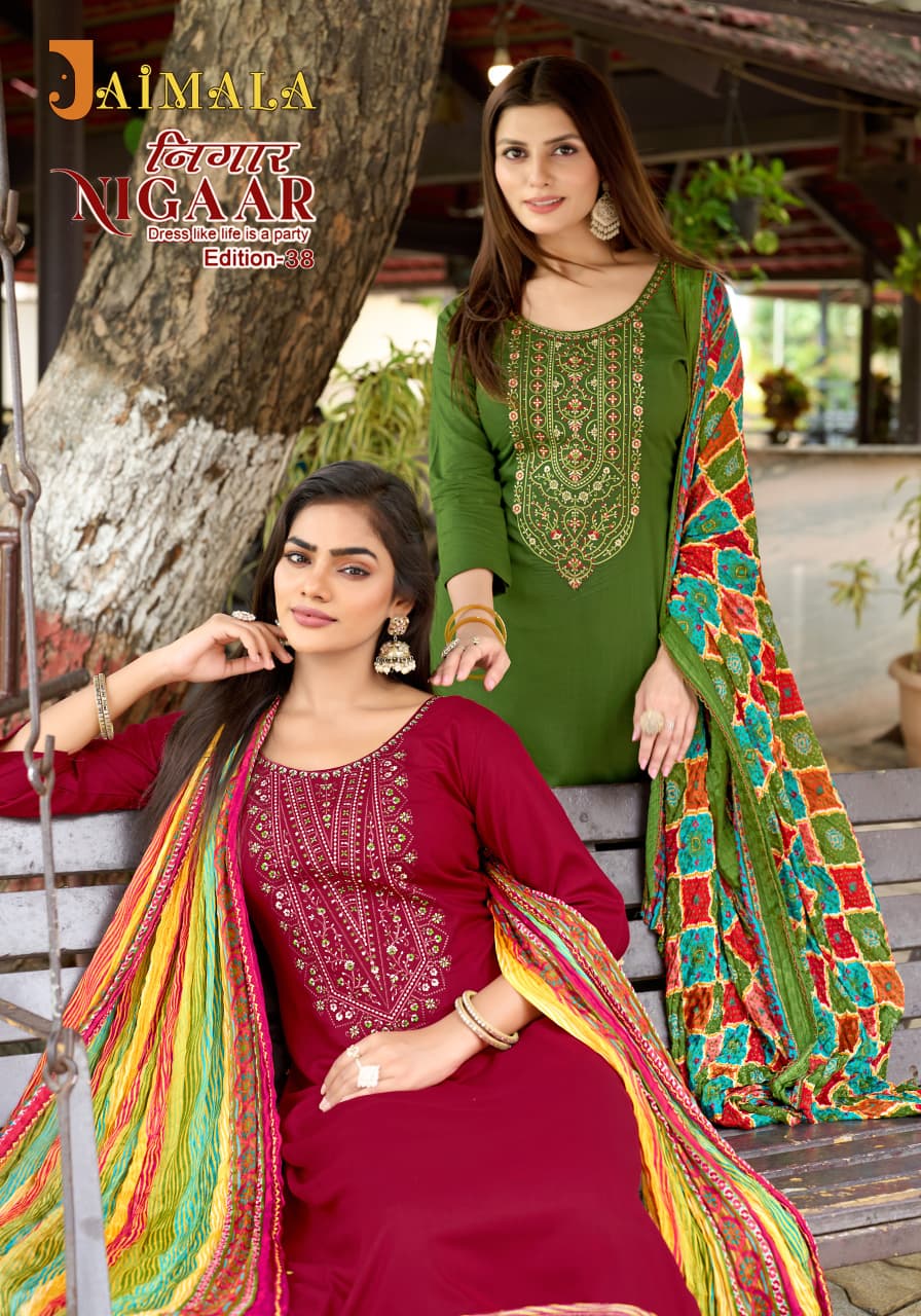 Nigaar Edition 38 Jaimala Pure Reyon Pant Style Suits Exporter Gujarat
