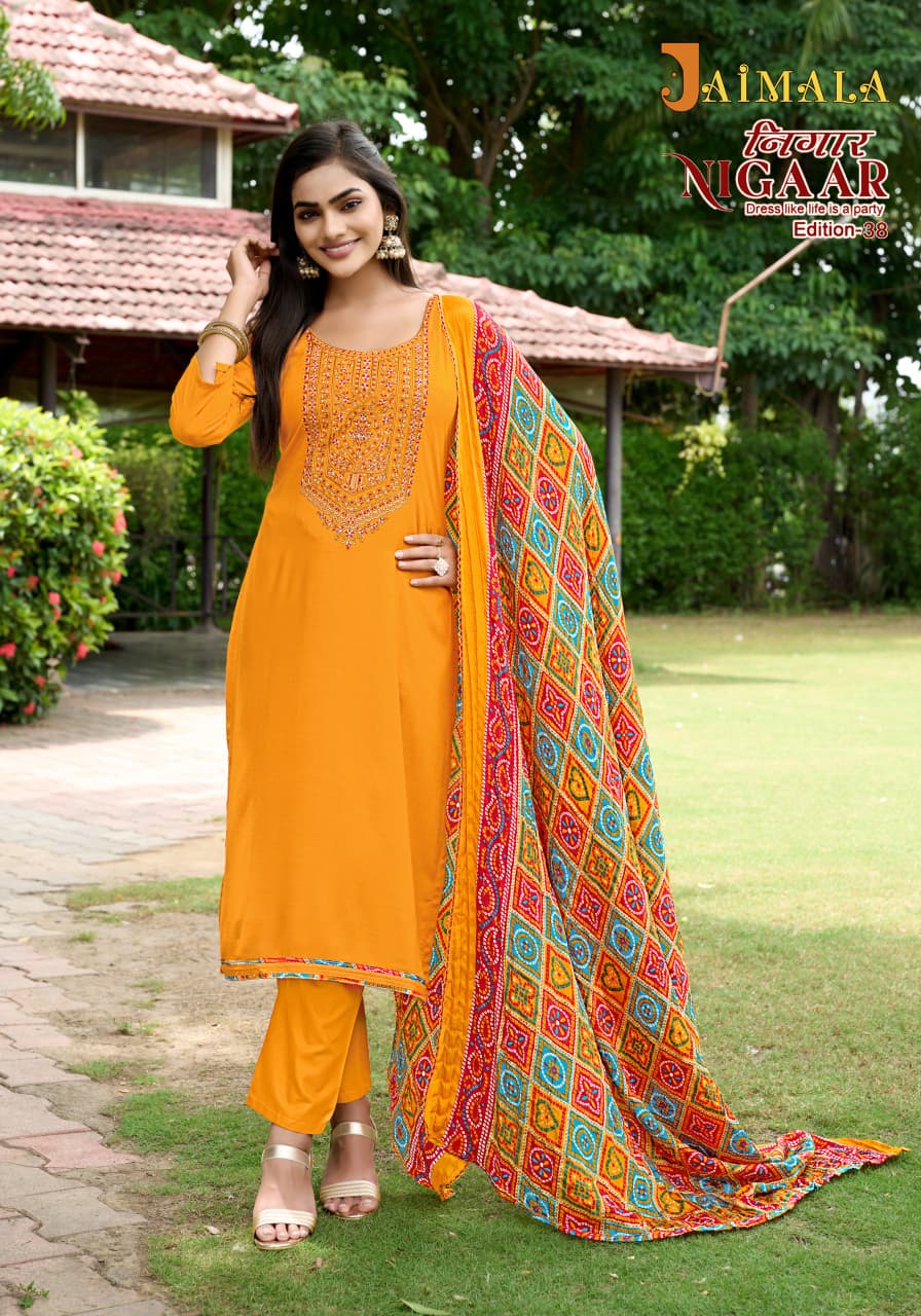 Nigaar Edition 38 Jaimala Pure Reyon Pant Style Suits Exporter Gujarat