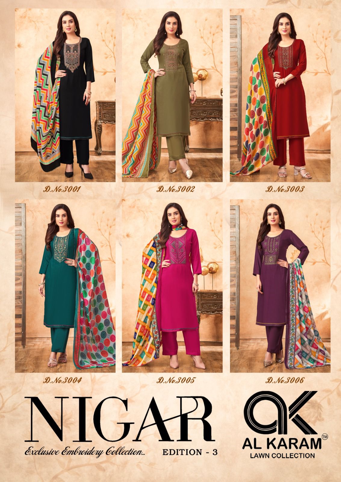 Nigar Vol 3 Al Karam Rayon Slub Karachi Salwar Suits Supplier Ahmedabad