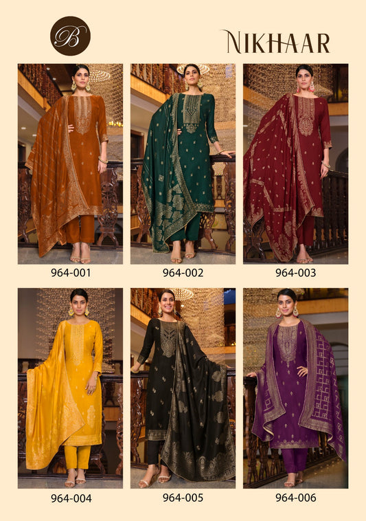 Nikhaar Belliza Designer Studio Muslin Jacquard Pant Style Suits Wholesaler