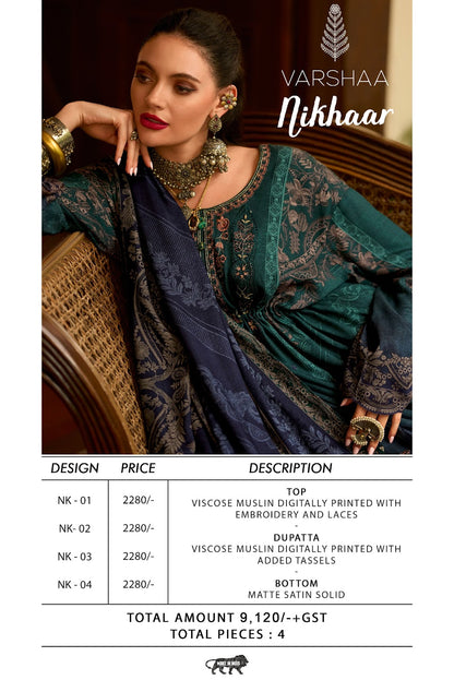 Nikhaar Varshaa Viscose Muslin Pant Style Suits Wholesaler